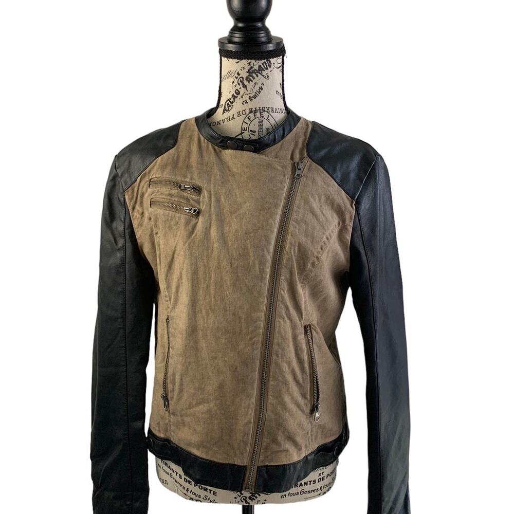 BLANC NOIR Women's Large Moto Jacket Faux Leather Trendy Zip Canvas Y2K FLAWS